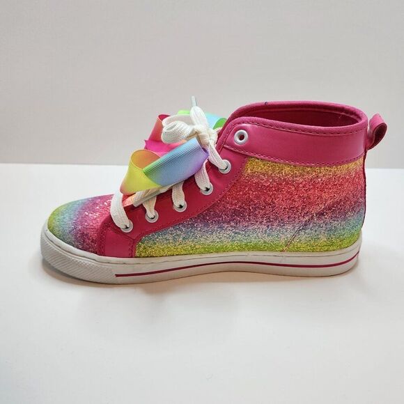 JoJo Siwa Girl's Rainbow Glitter Sneakers | Size 4 | Pink Bow, Laces, High Top - Picture 3 of 7